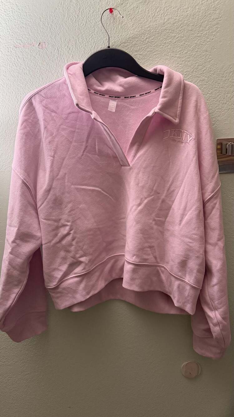 DKNY Sport Women’s XL Pink Collared Pullover Sweatshirt Embroidered Logo